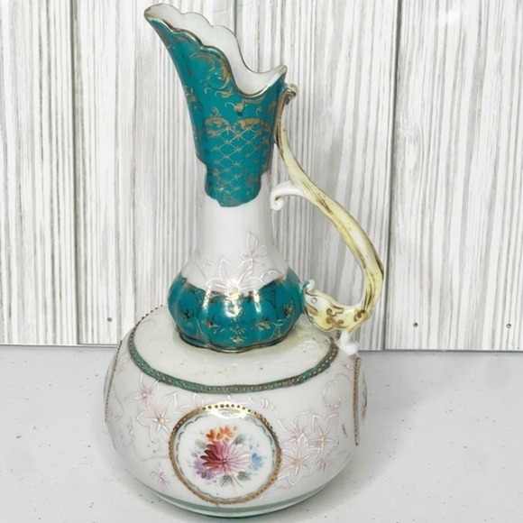 Antique Porcelain Ewer Handpainted Floral‎ Design Gold Gilding & Beading - Picture 3 of 11
